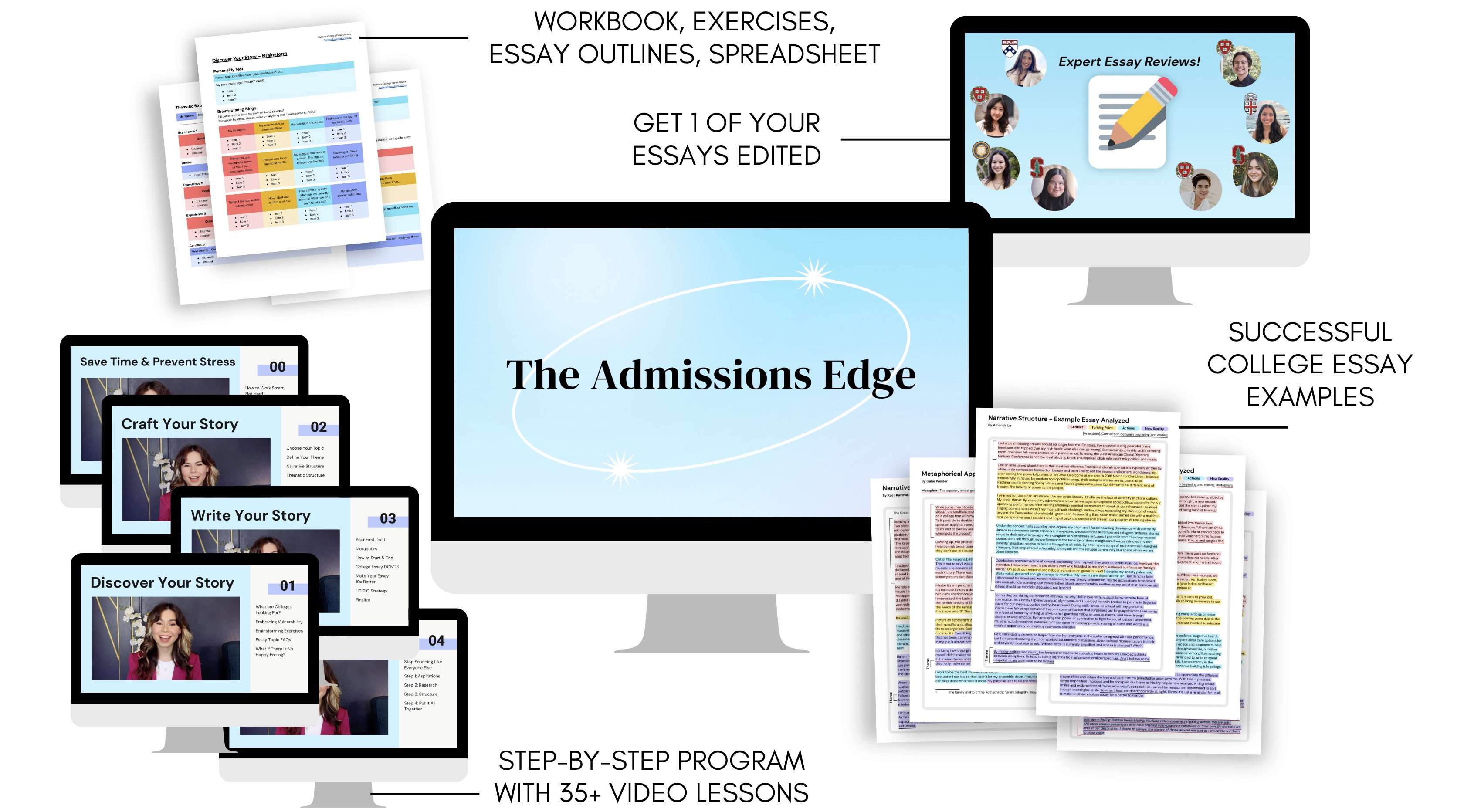 The Admissions Edge course: workbook, 35+ video lessons, expert essay reviews, and successful essay examples