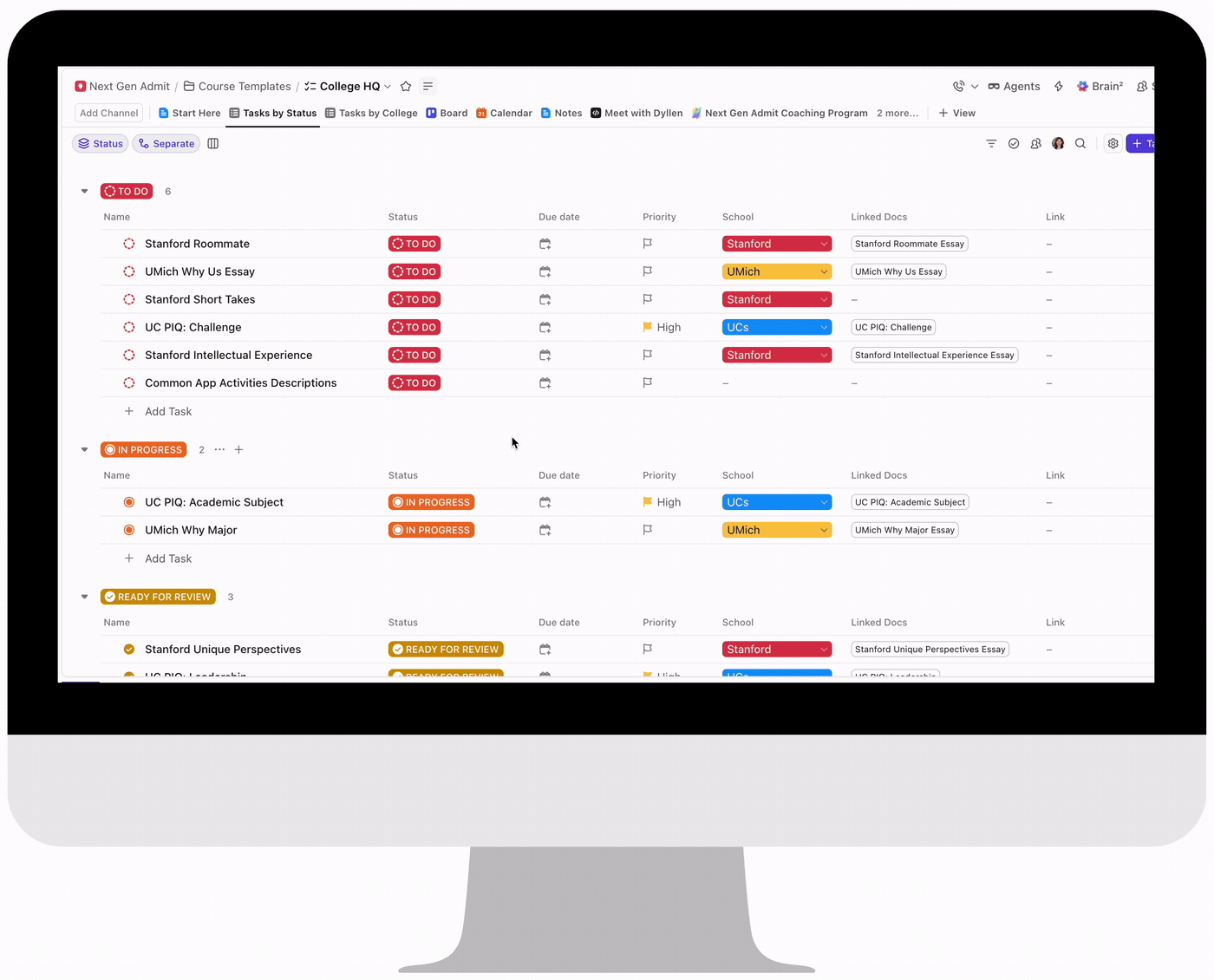 College HQ: Your central hub for tracking college application tasks, deadlines, notes, and links all in one platform.